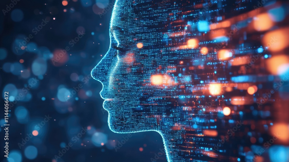 Poster surreal profile of a woman merged with digital data streams representing technology, innovation, and