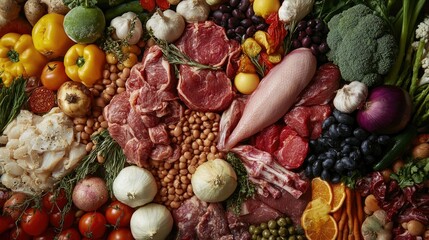 A Colorful Arrangement of Fresh Meats, Vegetables, and Fruits Artfully Displayed on a Rustic Wooden Surface for Culinary Inspiration and Healthy Eating