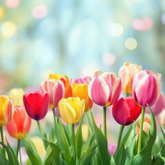 Colorful Tulip Field in Bloom Under Gentle Sunlight with Soft Focus Background for Spring and Floral Themes in Nature Photography