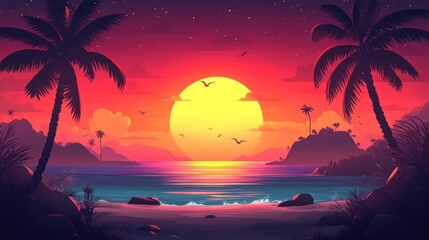 Vibrant Tropical Sunset Over Calm Ocean Beach: Palm Trees Silhouette Against a Fiery Sky