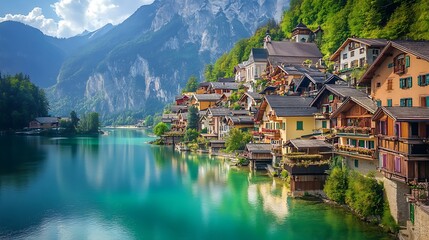 Fototapeta premium Stunning Lakeside Village Photo: Picturesque Mountain Scenery. AI Generated