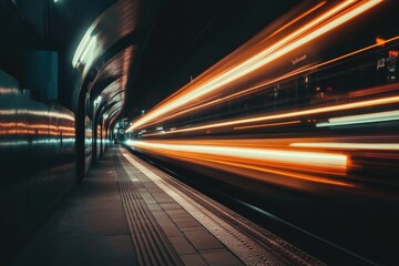 Fototapeta premium A train approaches the platform at a busy train station, captured in a long exposure shot
