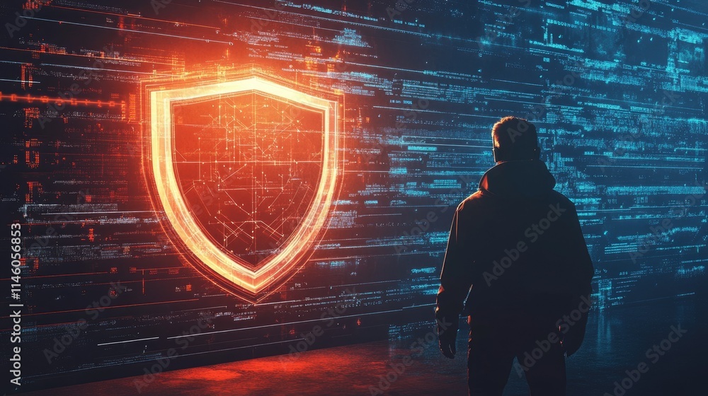 Poster a person stands before a glowing digital shield symbol, surrounded by futuristic data streams and ne