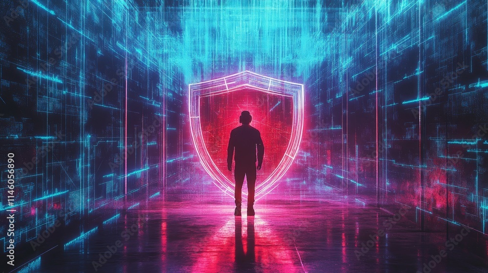 Poster abstract concept of cybersecurity with silhouette of a person surrounded by digital elements and shi