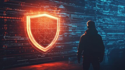 A person stands before a glowing digital shield symbol, surrounded by futuristic data streams and neon light effects, representing cybersecurity and data protection themes.