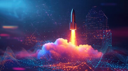 Futuristic Rocket Launching into Space with Vibrant Flames and Digital Background, Representing Innovation, Technology, and Exploration