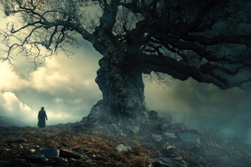 A person stands in front of a large tree