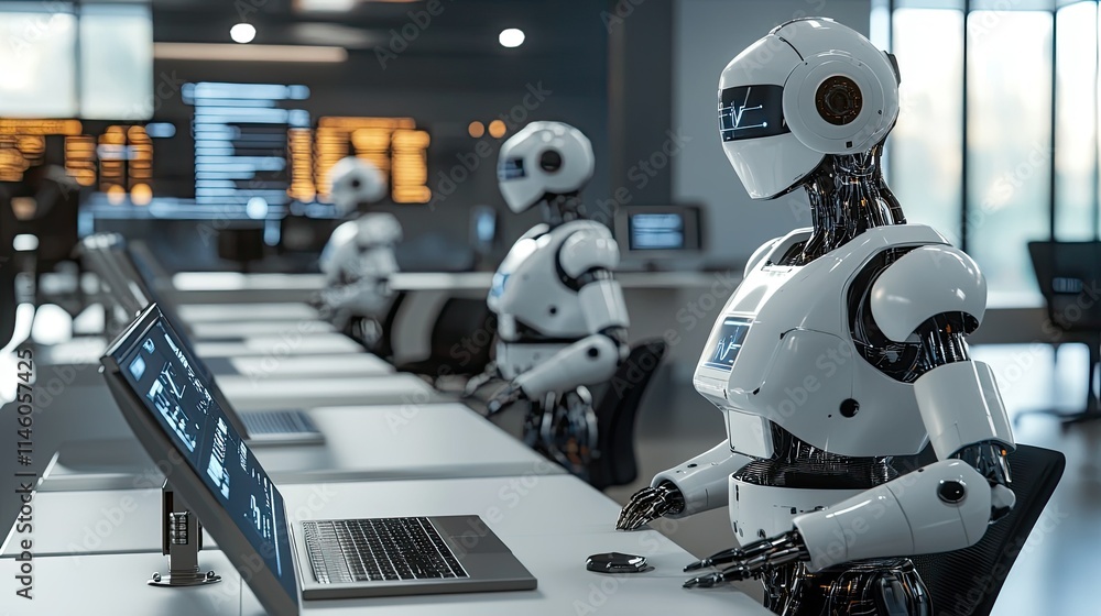 Poster futuristic robots working in a high-tech office environment with computers and digital interface dis
