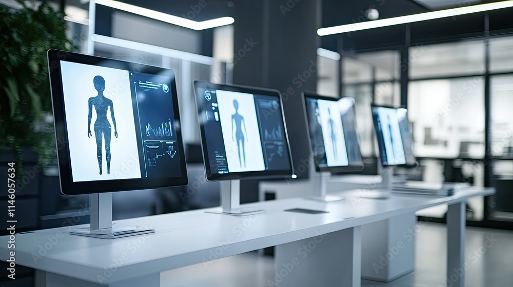 Poster advanced technology demonstration in modern medical facility with multiple screens displaying human 