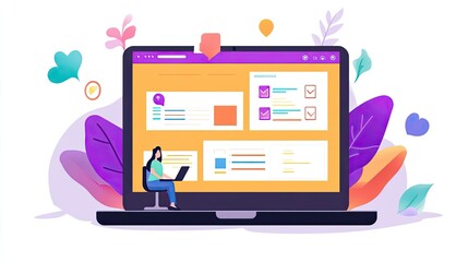 Digital workspace illustration with a woman working on a laptop surrounded by colorful leaves and notifications, showcasing contemporary technology and remote work environments.