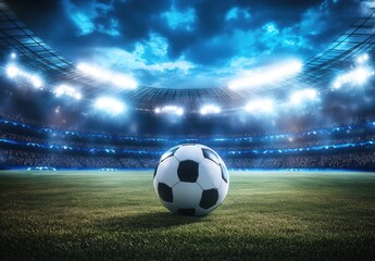 A soccer ball in the center of an illuminated stadium under spotlights