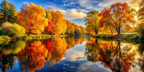 Colorful fall leaves paint a picturesque river scene, nature's tranquil beauty.