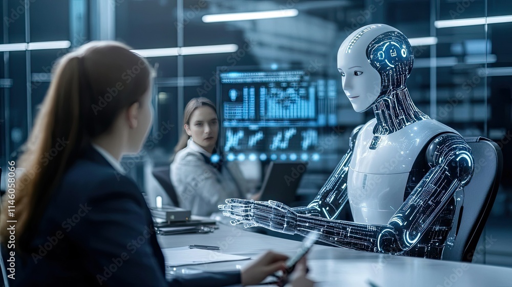 Poster futuristic business meeting with human and robot interaction in modern office setting featuring adva