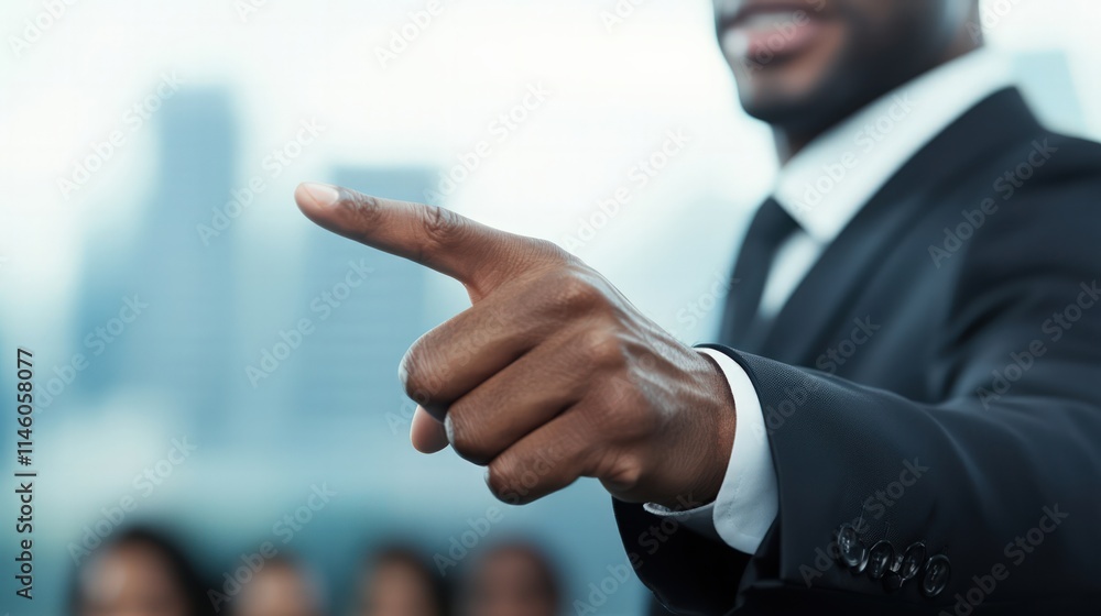 Poster a confident individual in a suit gestures assertively, indicating engagement or direction in a profe