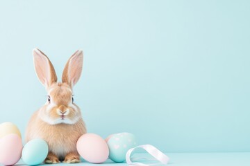 Adorable Easter Bunny with Colorful Eggs and Ribbons on Pastel Background