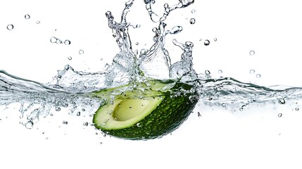 Sliced avocado rapidly falling into splashing water wide shot photo. AI Generated