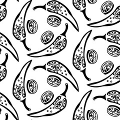 pattern is in the form of a silhouette of a hot pepper. Food, hand-drawn. Vector illustration of dried pods and seeds in section on a white. spices, seasonings for the spice of dishes. Food additives
