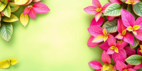 Fototapeta premium Pink background with vibrant green leaves scattered around and a central green leaf, creating a fresh and natural aesthetic, eco-friendly, fresh, colorful