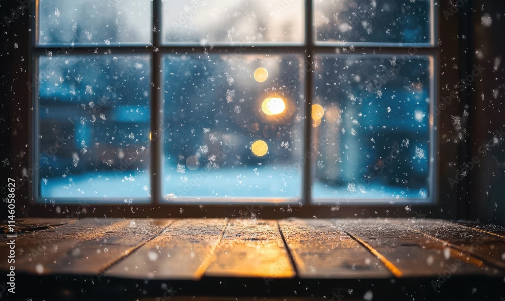 Aufkleber cozy winter scene with snow falling outside a window and warm light glowing in the background captur