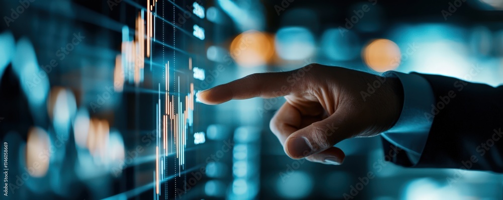 Poster a hand points at a digital stock market graph, showcasing data trends with vibrant colors and modern