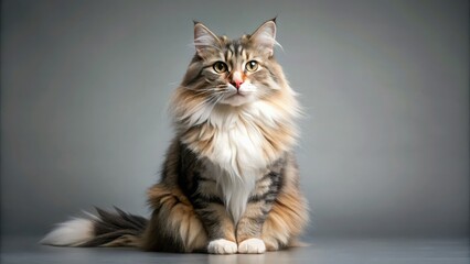 Obraz premium Cute, fluffy gray cat in a heartwarming studio portrait. Soft fur, happy mood.