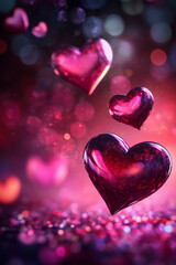 Obraz premium Valentine's day with transparent hearts on purple background greeting card with copyspace copy space portrait format