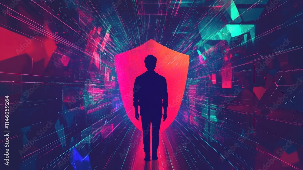 Poster silhouette of a person standing in a digital space surrounded by colorful light rays and a large shi