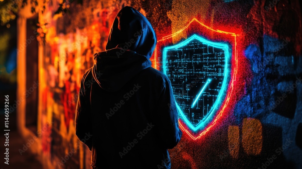 Poster mysterious figure in a hoodie observing a neon shield icon representing cyber security and digital p