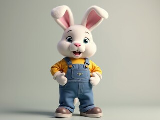 Smiling cartoon easter bunny wearing overalls and standing on plain background