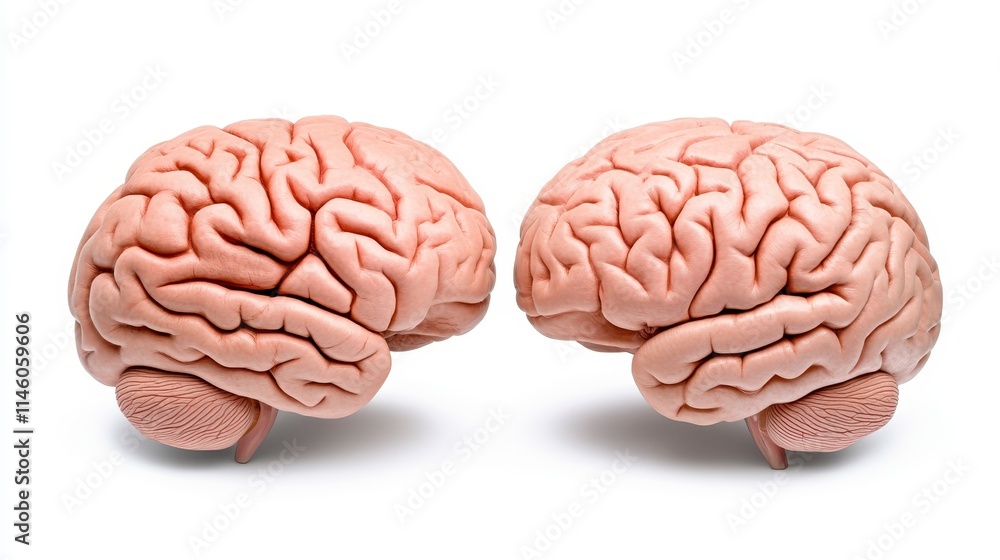 Poster two human brains displayed side by side, showcasing the intricate structure and folds of the cerebra
