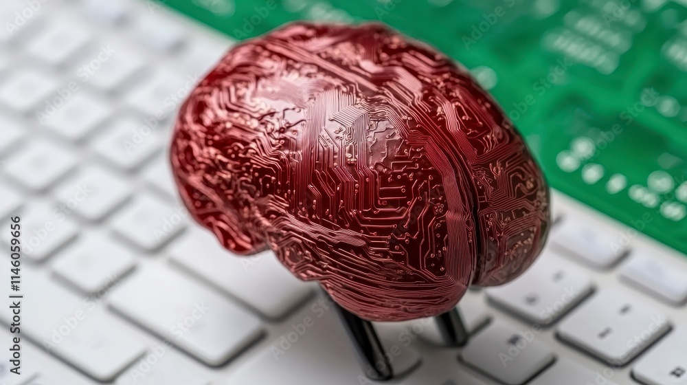 Poster a red brain model sits on a keyboard, symbolizing the intersection of technology and neuroscience, s