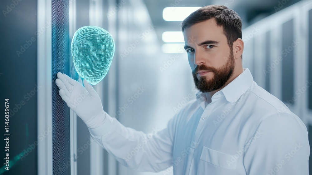 Poster a technician in a lab coat interacts with a holographic brain, showcasing advancements in technology