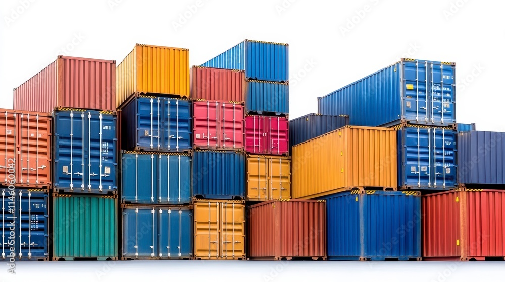 Poster a colorful stack of shipping containers in various sizes, showcasing a vibrant array of blues, green