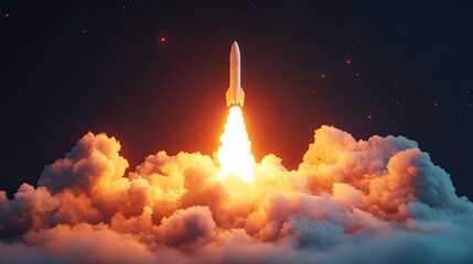 Stunning Rocket Launch with Vivid Flames and Dramatic Clouds Against a Starry Night Sky, Capturing the Majesty of Space Exploration and Human Ingenuity