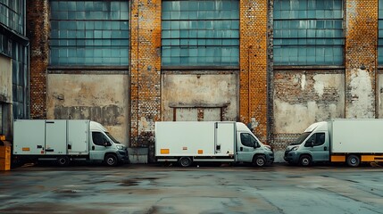 Three white delivery trucks parked closely, wide shot, photo. AI Generated