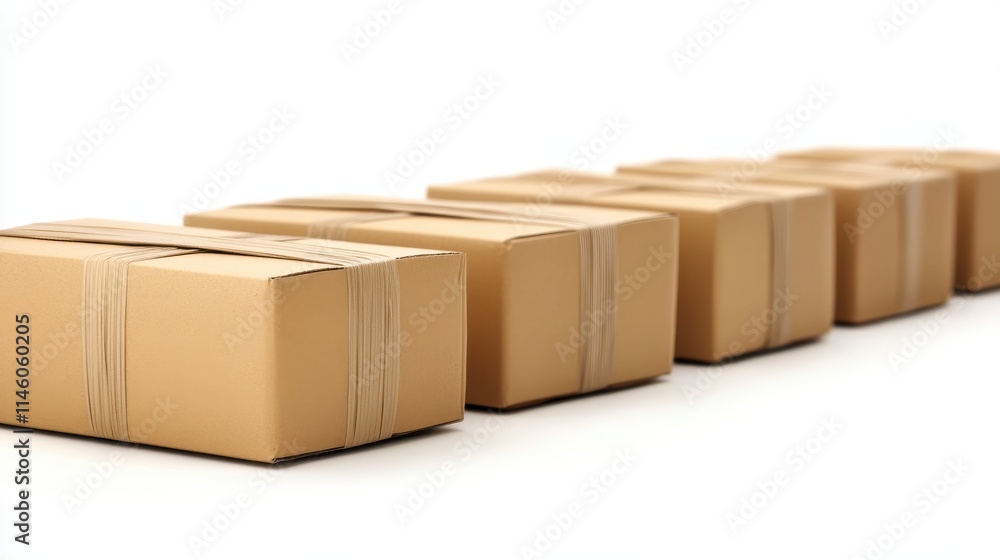 Poster a row of neatly stacked cardboard boxes, tied securely, suggesting organization and readiness for sh