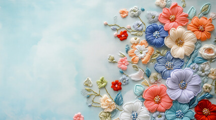 Embroidered spring-like pastel flower background wallpaper