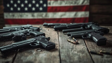 Guns on a wooden table with an american flag, symbolizing firearm regulation debate.