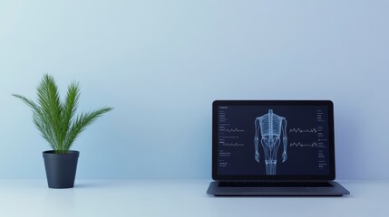 A modern workspace featuring a laptop displaying anatomical data and a potted plant, emphasizing health and technology integration.