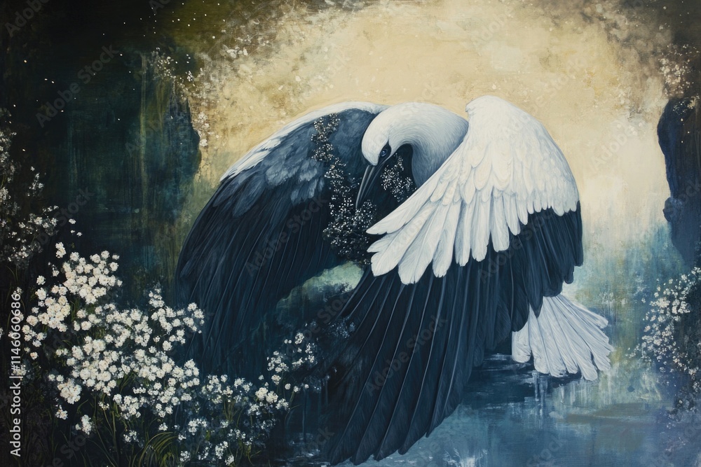 Poster a close-up image of a white bird with distinctive black wings, perfect for use in designs related to
