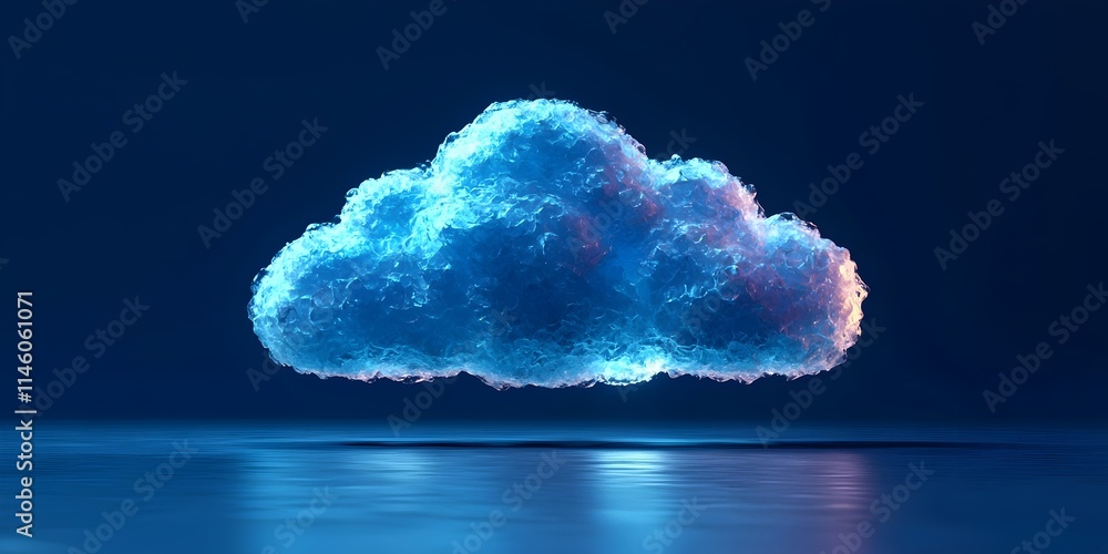 Poster a vibrant, illuminated cloud floating above a reflective surface, creating a serene and tranquil atm
