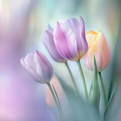 Fototapeta premium Delicate Tulips in Soft Focus with Gentle Pastel Tones Capturing the Essence of Spring, Creating a Serene and Dreamy Floral Atmosphere