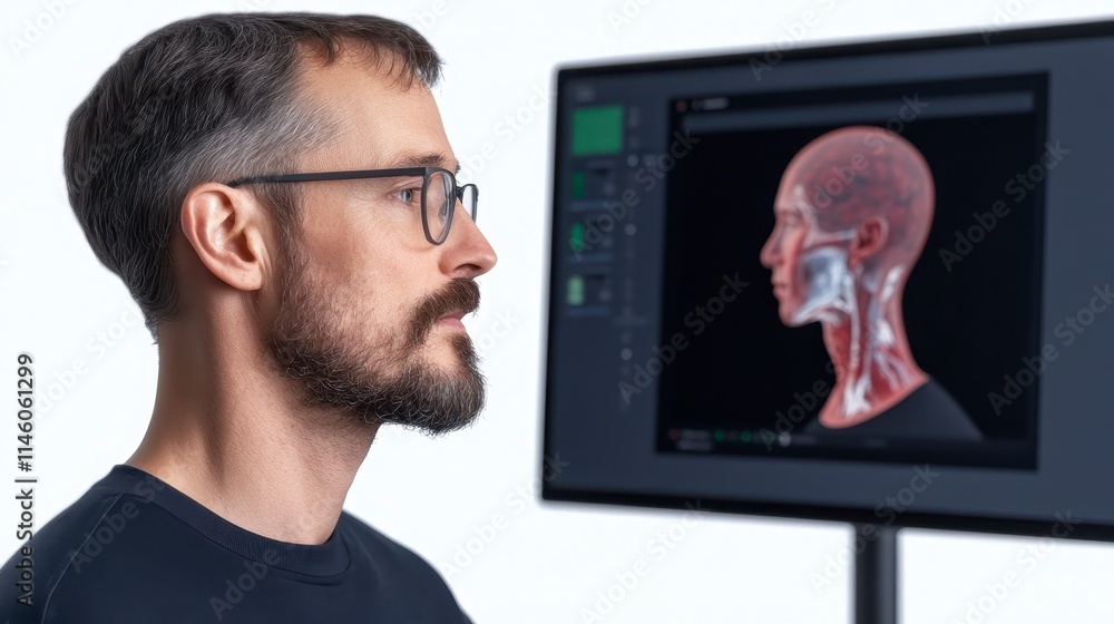Poster a profile view of a man with glasses, observing a digital display showcasing anatomical features of 