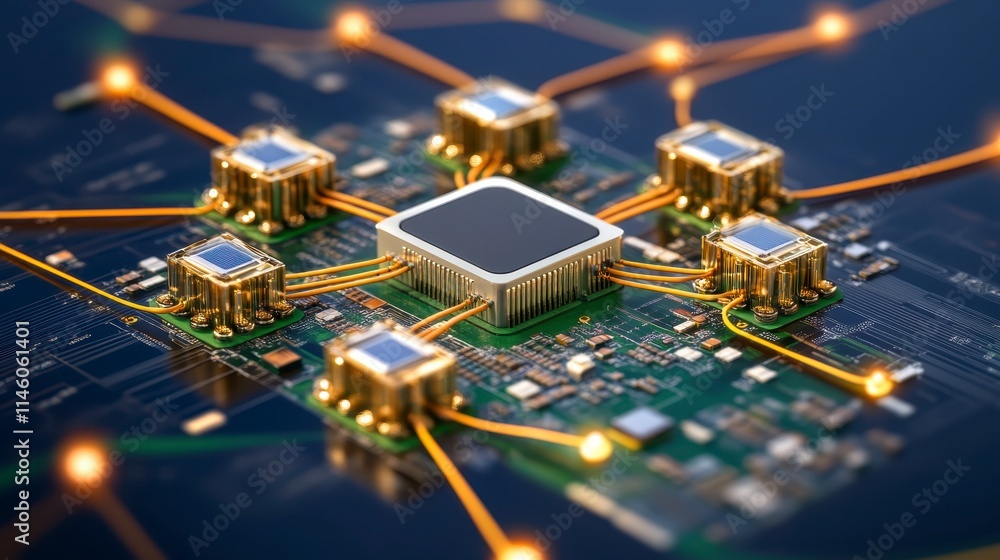 Poster a detailed close-up of a circuit board featuring a central processor surrounded by interconnected co
