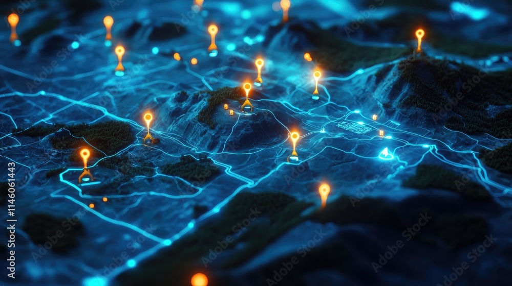 Poster detailed visualization of abstract landscape featuring illuminated geolocation markers and network c