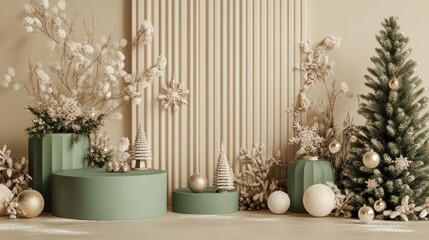 Elegant winter setup with green podiums and beige accents, featuring hand-decorated Christmas baubles from different Christian cultural traditions.