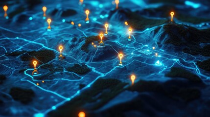 Detailed Visualization of Abstract Landscape Featuring Illuminated Geolocation Markers and Network Connections, Ideal for Technology and Mapping Contexts