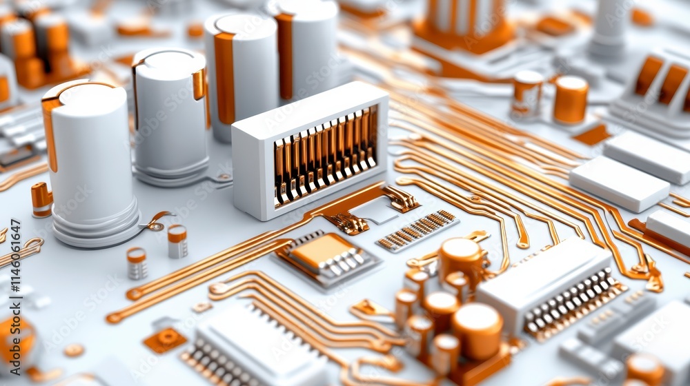 Poster a close-up view of a circuit board featuring intricate patterns of copper traces and various electro