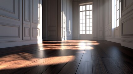 Fototapeta premium Sunlit Elegant Room 3D Render: Warm Hardwood Floor. AI Generated
