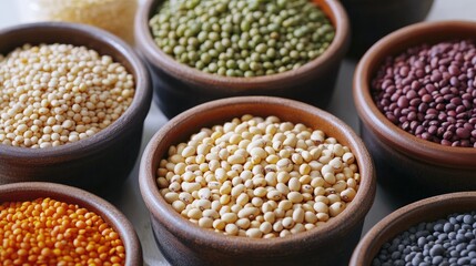 Fototapeta premium Colorful Variety of Dried Legumes and Seeds Arranged in Rustic Bowls for Culinary Inspiration and Healthy Cooking in Natural Light Setting